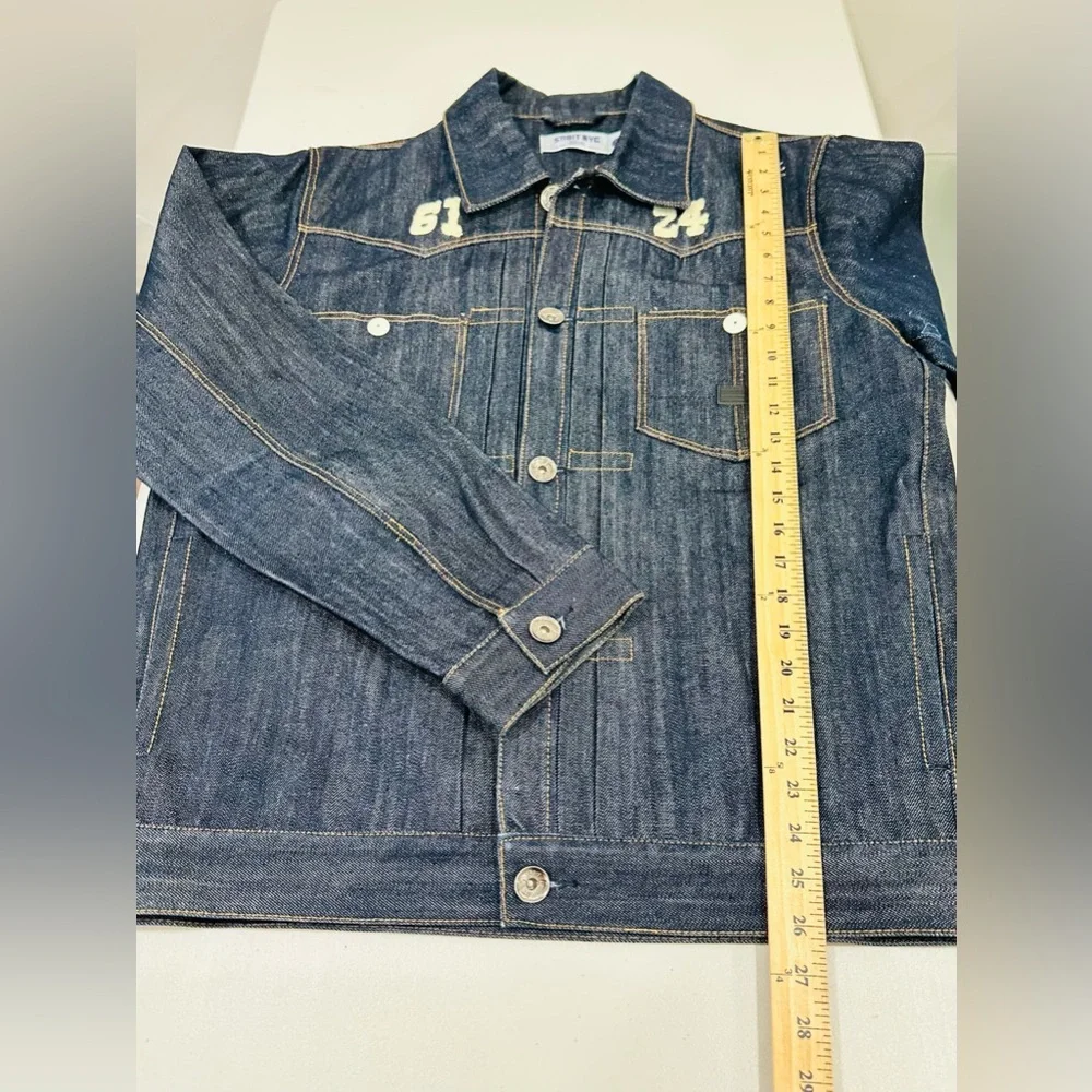 SABIT NYC Men's Denim Jacket Biker Patches‎ Embellished Blue L RARE